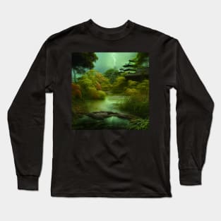 Digital Painting Of a Lush Wet Natural Scene On a Beautiful Chinese House on An Environment Jungle Long Sleeve T-Shirt